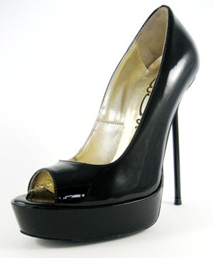 Stiletto platform open-toe court shoe with black patent leather upper, leather lining and leather sole, made in Italy exclusively for RoSa Shoes.